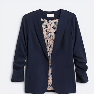 Elegant Navy Women's Blazer with Floral Lining Raja Collarless